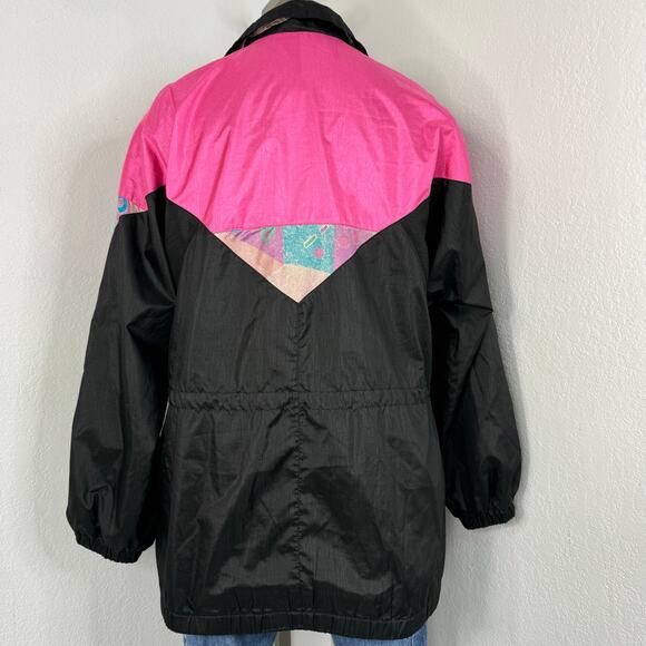 Vintage 80s 90s Zip Windbreaker Bomber Jacket Black Neon Pink Oversized - Picture 3 of 8